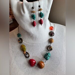 Turquoise Red orange Beaded Boho Necklace Earrings
